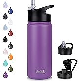 HASLE OUTFITTERS Insulated Water Bottle Kids 16 oz Double Wall Vacuum Stainless Steel Water Bottle Leak Proof for School Wide Mouth with Straw Lid & Spout Lid Keeps Cold and Hot(Purple,1pack)