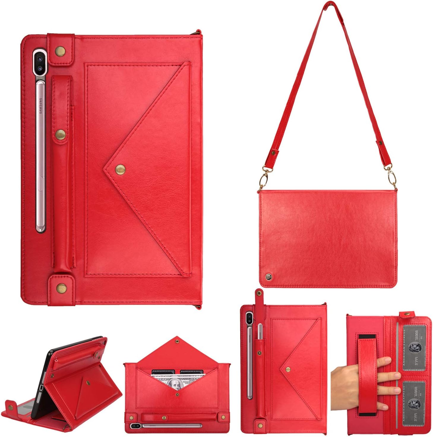 10.5 inch Tab S6 Shoulder Bag Cover, SAMMID PU Leather Wallet Multi-angle Stand Wallet with Pencil Holder Hand Strap Protective Cover for 10.5 inch Samsung SM-T860/T865/T867 (Red)