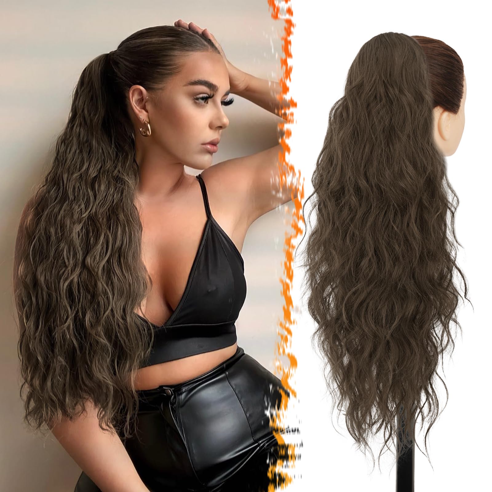 BARSDAR Light Brown Ponytail Extension, Drawstring Ponytail for Women, 26 Inch Long Curly Wavy Pony Tails Hair Extensions Synthetic Clip in Pony Tails Hairpieces Fake Ponytail, Light Brown