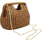 Herald Straw Woven Clutch Purse for Women, Beach Cloud Dumpling Pouch Evening Shoulder Crossbody Bag with Gold Chain