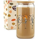 HBESTIE Halloween Skeleton Glass Cup, Halloween Trick or Treat Tumble, 16Oz Iced Coffee Glass Cups with Lids and Straws, Cute Skull Party Desk Decorations Gifts, Large Glass Storage Jar