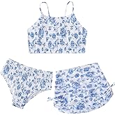 JiAmy Girls 3 Piece Bathing Suit Allover Printed Smocked Adjustable Straps Bikini Set with Skirt Swimwear 7-13 Years
