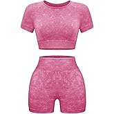 OLCHEE Womens Workout Sets 2 Piece - Seamless Acid Wash Yoga Outfits Shorts and Crop Top Matching Gym Athletic Clothing Set