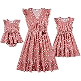 IFFEI Mommy and Me Dresses Outfits Family Matching Dots Pink Ruffle Flutter-Sleeve Dress for Mother and Daughter