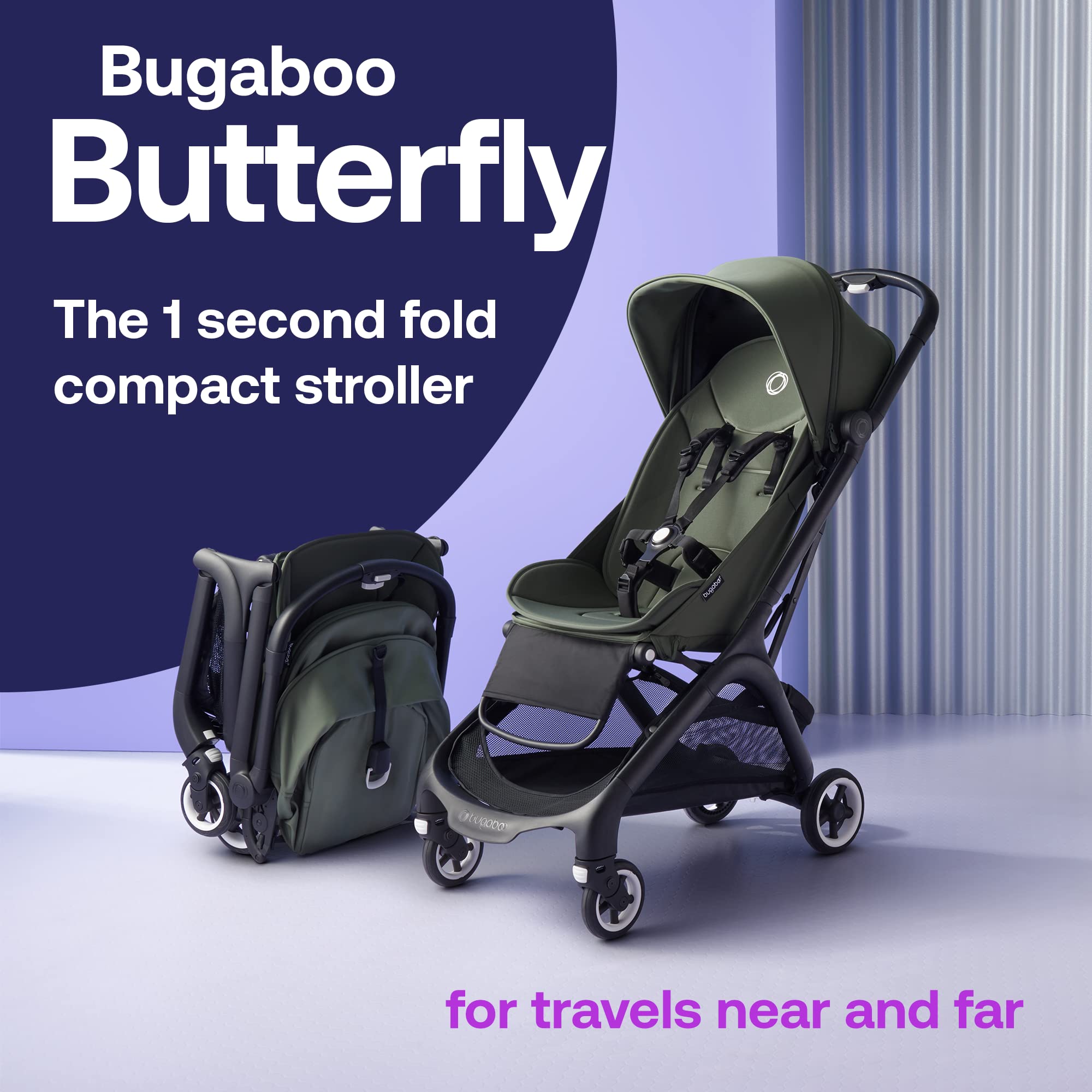 Bugaboo Butterfly - 1 Second Fold Ultra-Compact Stroller, Comfort Wheeled Board +, Butterfly Bumper Bar, Forest Green