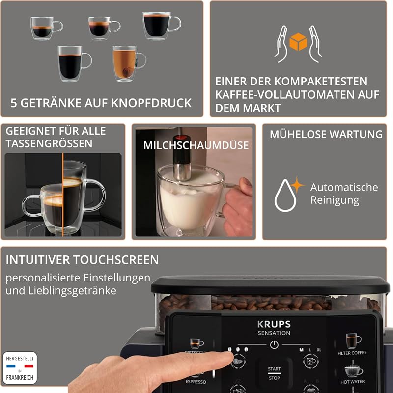 Sensation Kaffeevollautomat mit Milchschaumdüse, Kaffeemaschine für Espresso, Cappuccino & Latte Macchiato, gemacht für Bohnenkaffee & Filterkaffee, bis zu 5 Kaffeegetränke und 2-Tassen-Funktion