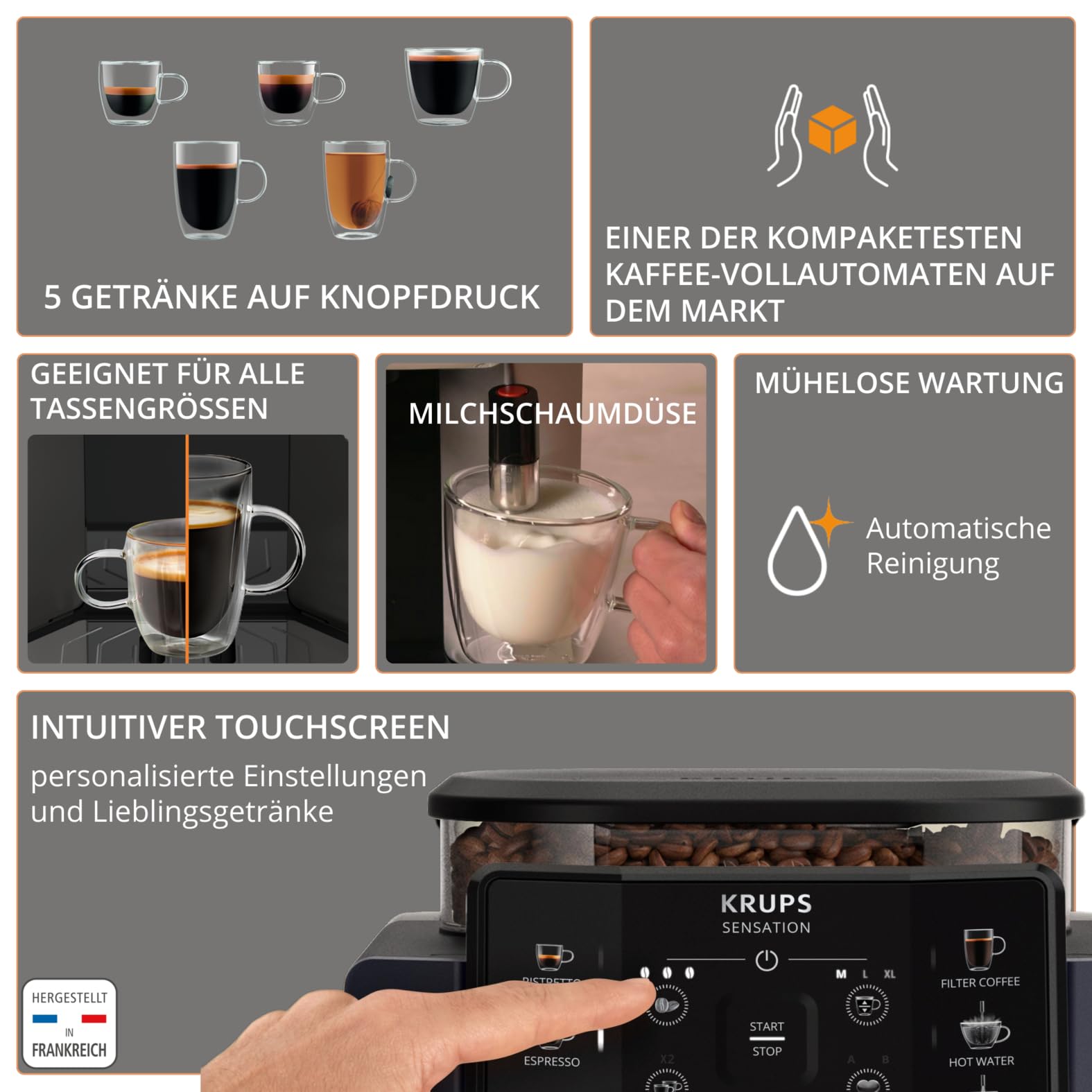 Krups Sensation Kaffeevollautomat mit Milchschaumdüse, Kaffeemaschine für Espresso, Cappuccino & Latte Macchiato, gemacht für Bohnenkaffee & Filterkaffee, bis zu 5 Kaffeegetränke und 2-Tassen-Funktion 2