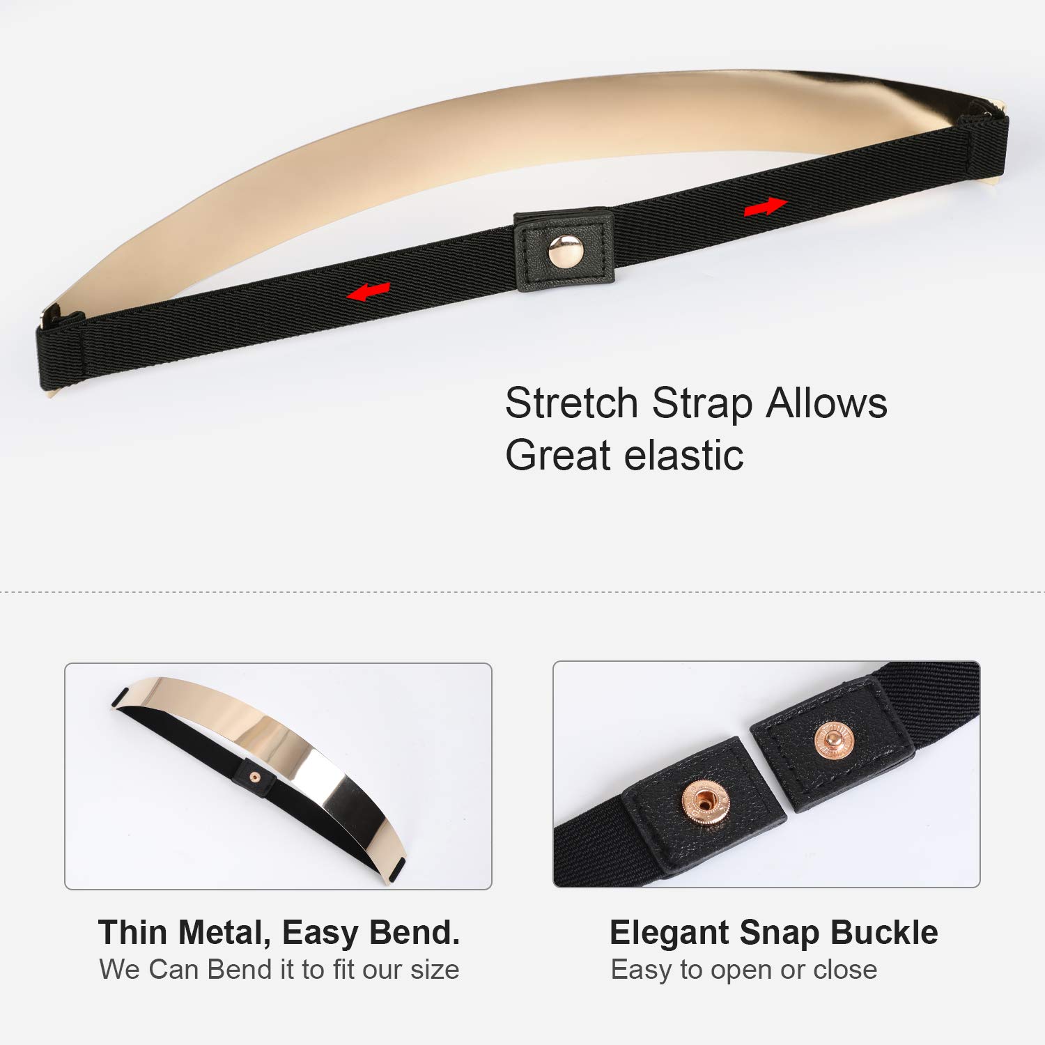 JASGOOD Gold Belts for Women Fashion Dress Belt Metal Plate Mirror Elastic Stretch Waist Belt with Snap Button (Gold Black,Fit Waist Size 32-45 Inch)