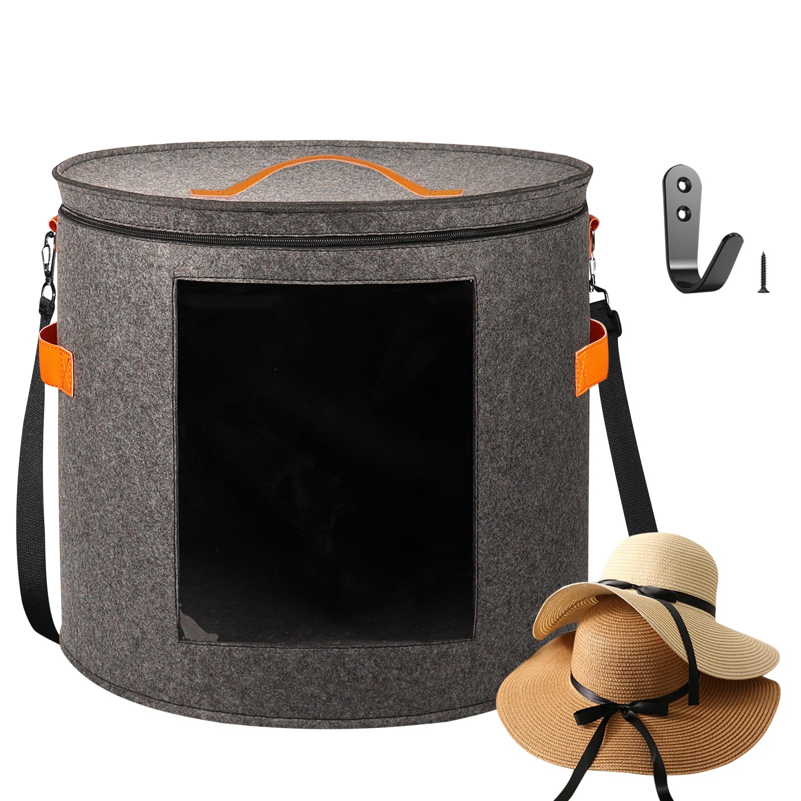 Photo 1 of kushon Oversized Hat Storage Box for Women & Men?19" D x 17" H Cowboy Hat Boxes with 1 Wood Hook Felt travel Round Hat Organizer Box with Dustproof Lid