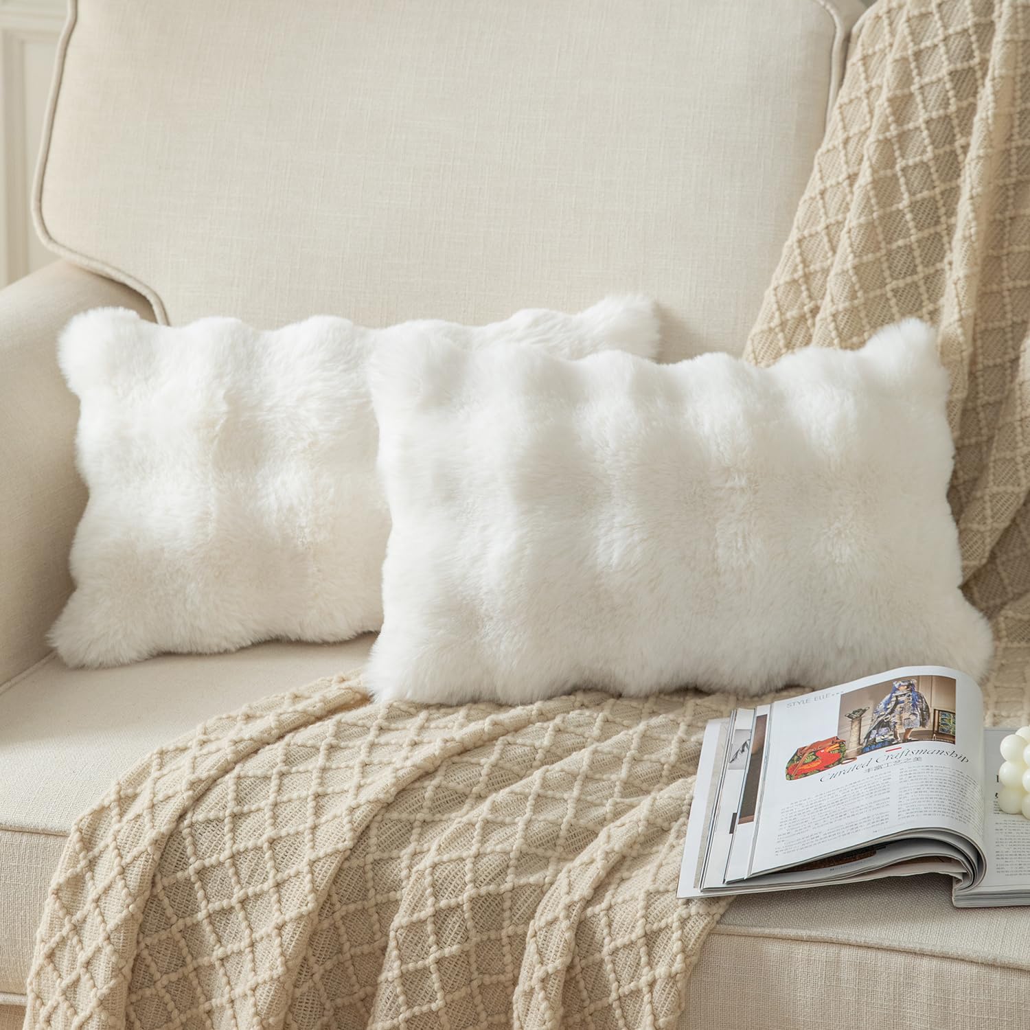 YAERTUN Pack of 2 Cream White Cushion Covers 12x20 Inch 30x50 cm Thick Soft wool Decorative Throw Pillow covers Pillowcase Faux Fur Plush fluffy for Sofa Couch Bedroom