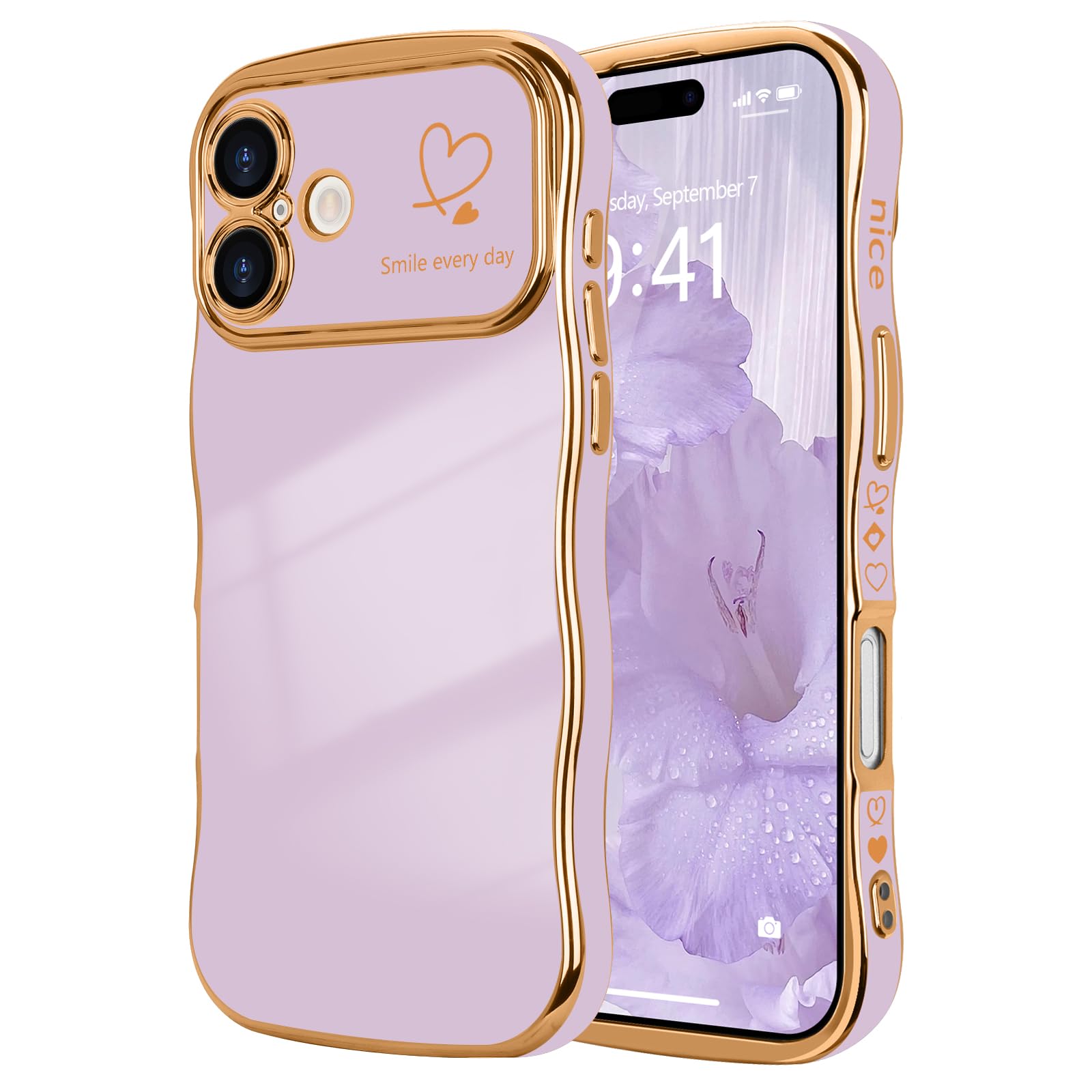 LCHULLE for iPhone 16 Case for Women Girls,Cute Curly Wave Frame Shape Love Heart Pattern Phone Case,Raised Camera Protection Plating Shockproof Cover for iPhone 16 6.1",Light Purple