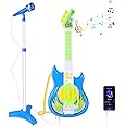 deAO Guitar and Microphone Set for Kids, Adjustable Height Microphone with Stand 8 Music Cord Keys Songs String Bar Colorful Light, Karaoke Toys Pretend Play Guitar Gift for Boy Girls Toddlers(Blue)