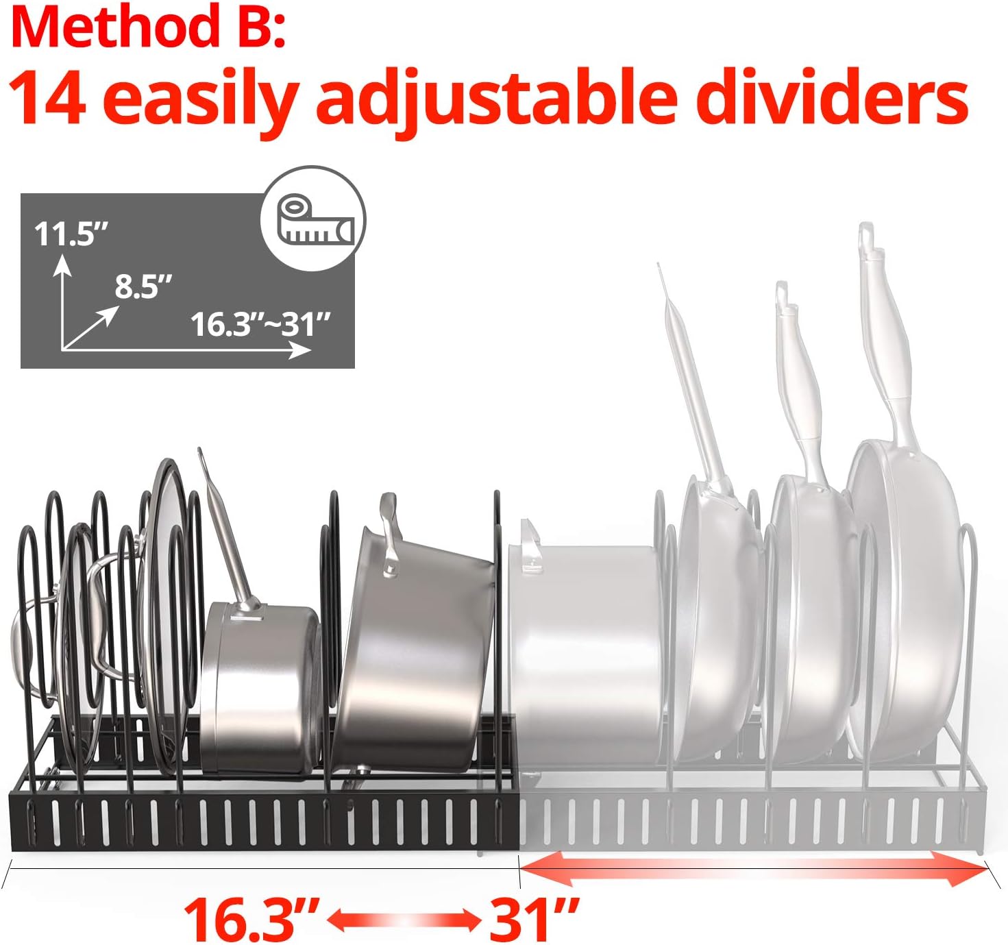 Vdomus Extensible Pot Rack Organizer with 4 DIY Methods, Length Adjustable and Max Extended to 31 inches 13+ Pans Holder, Black Metal Kitchen Cabinet Pantry Pot Lid Holder: Home Improvement