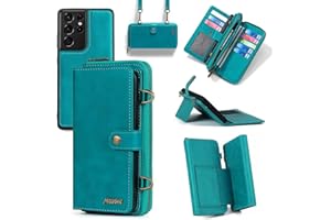 QIXIU for Samsung Galaxy S21 Ultra Wallet Case,Multi-Function Wallet Case,Detachable 3 in 1 Magnetic Galaxy S21 Ultra Case Wallet,Flip Strap Zipper Card Holder Phone Case with Shoulder Straps-Blue