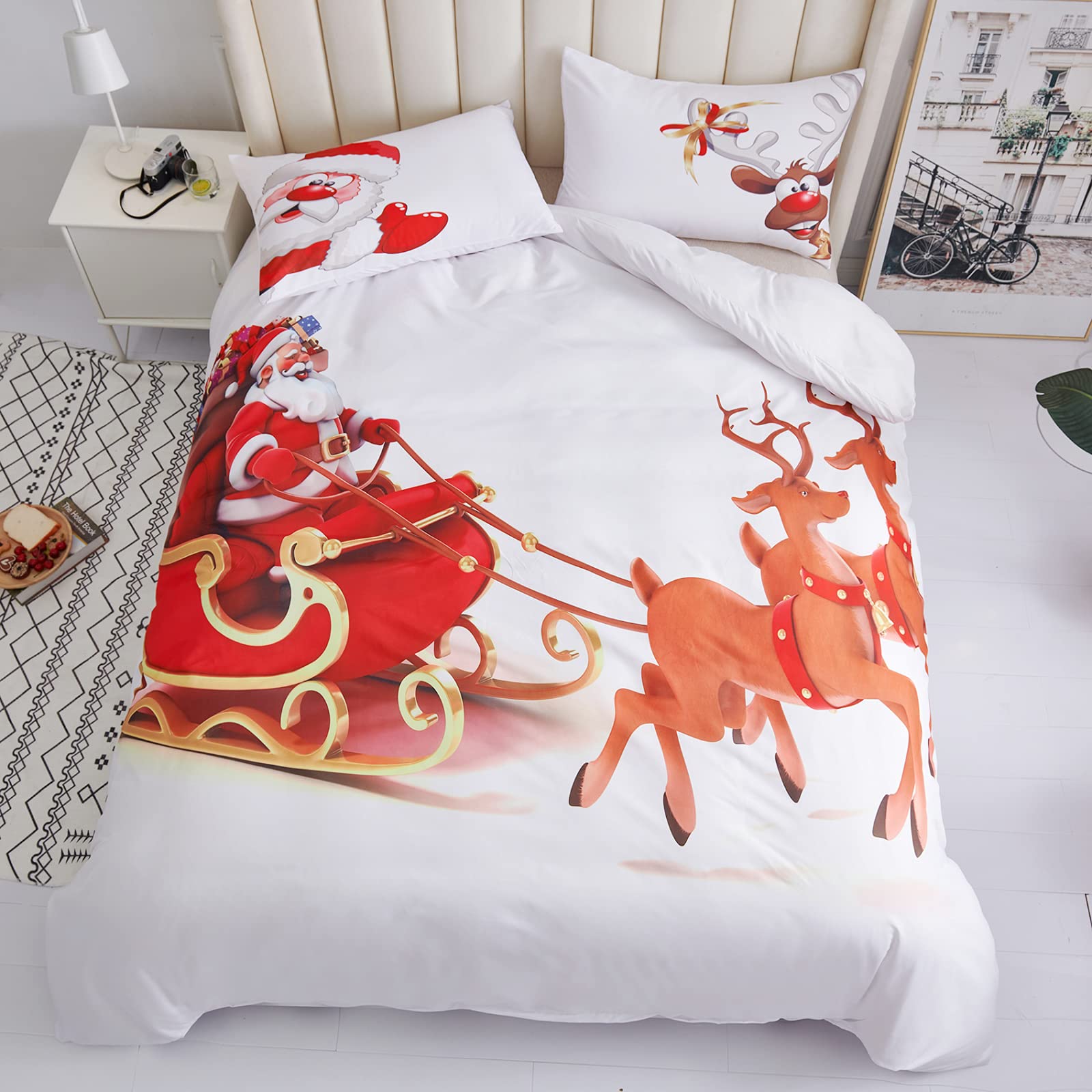AHERKLL Christmas Bedding,King Duvet Cover Set,Decorative Comforter Cover,Holiday Quilt Cover With Zipper Closure And 2 Pillowcases,Santa Claus Reindeer Pattern,Soft Microfiber,3 Pieces,New Year Gift