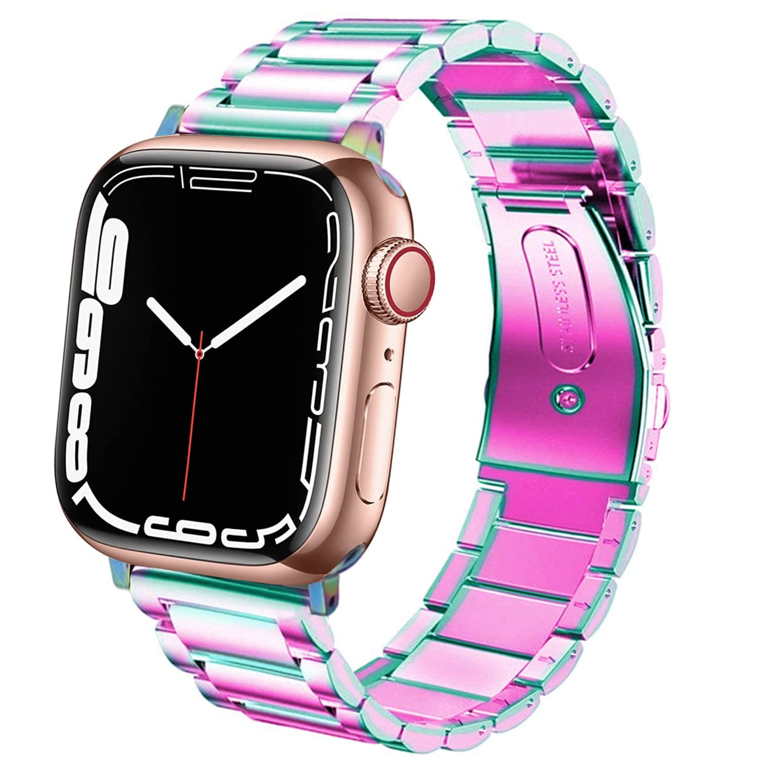 DEALELE Bands Compatible with iWatch 42mm 44mm 45mm 49mm, Solid Stainless Steel Metal Strap Replacement for Apple Watch Series 8 / Ultra / 7 / SE / 6 / 5 / 4 / 3 Women Men, Rainbow