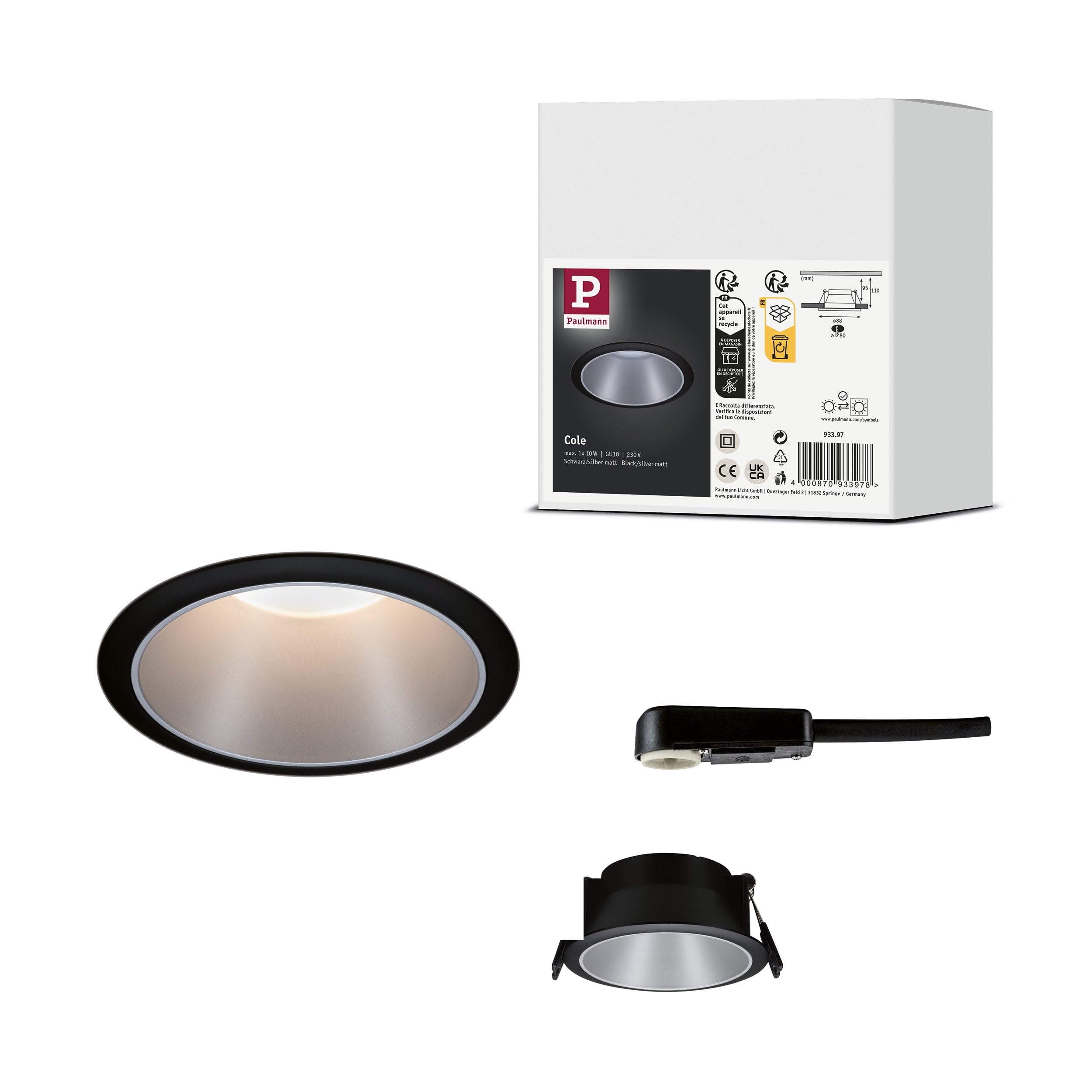 Paulmann 93397 Round Recessed Spotlight - Dimmable, Black Matt, Aluminium, GU10