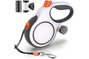MEEGOOD 26ft Retractable Dog Leash with Poop Bag Dispenser - Upgraded Lock System, Non-Slip Grip, Tangle-Free Design for Large & Medium Dogs - Perfect for Walking, Running, and Outdoor Training (White)