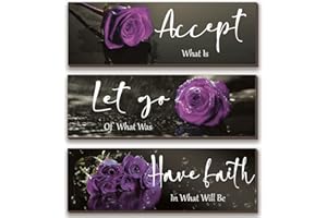 ZINYAZHE 3 Pcs Purple Wall Decor Inspirational Purple Bathroom Wall Decor Wooden Purple Rose Wall Art Office Wall Decor With Accept Let Go Have Faith Quotes For Girl Women Bathroom Bedroom(Purple 12 X 4 Inch)
