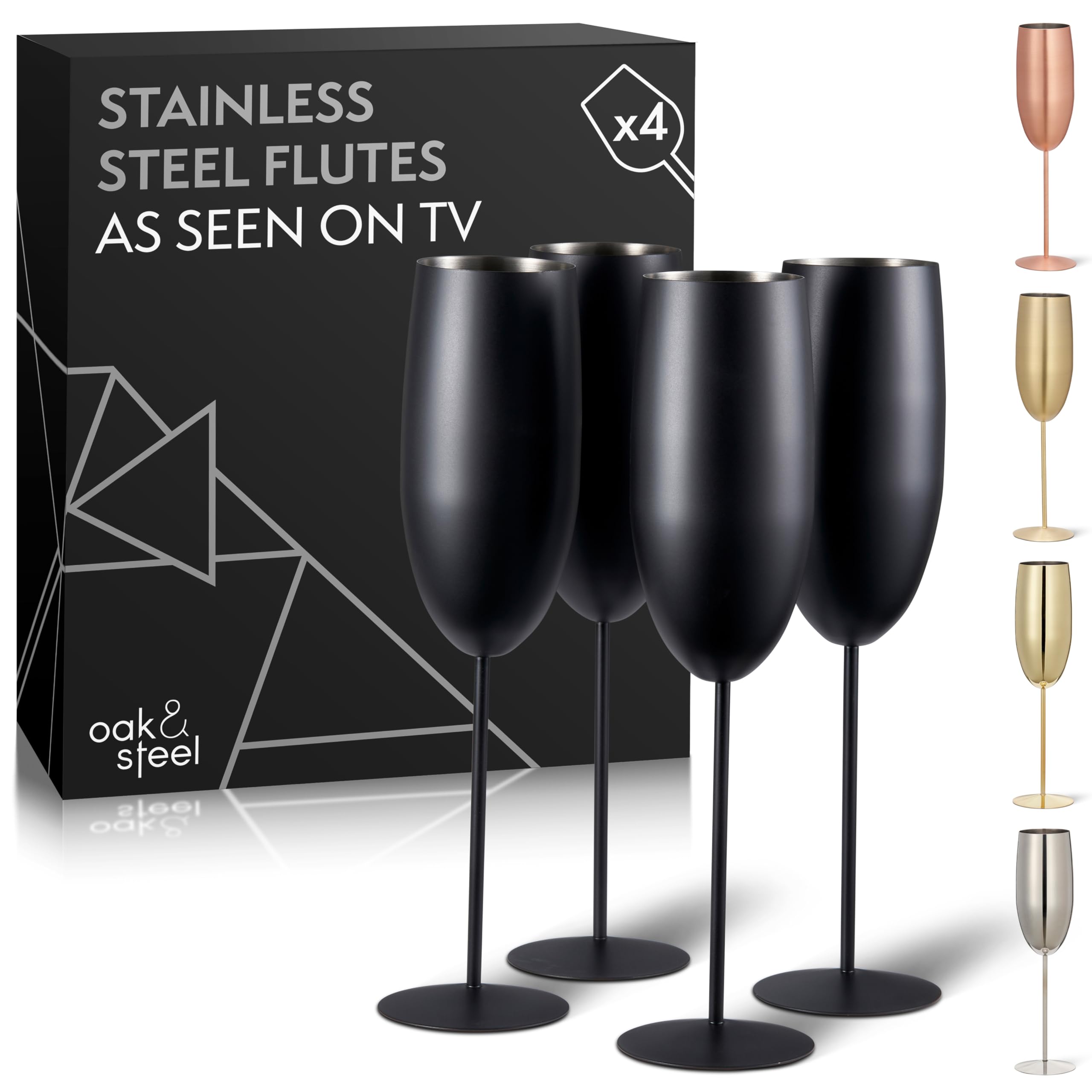 Oak & Steel - 4 Elegant Stainless Steel Black Matte Champagne Prosecco Flute Cocktail Glasses, 285ml - Unbreakable Glass Gift Set for Mothers Day Wedding Anniversary Birthday Party