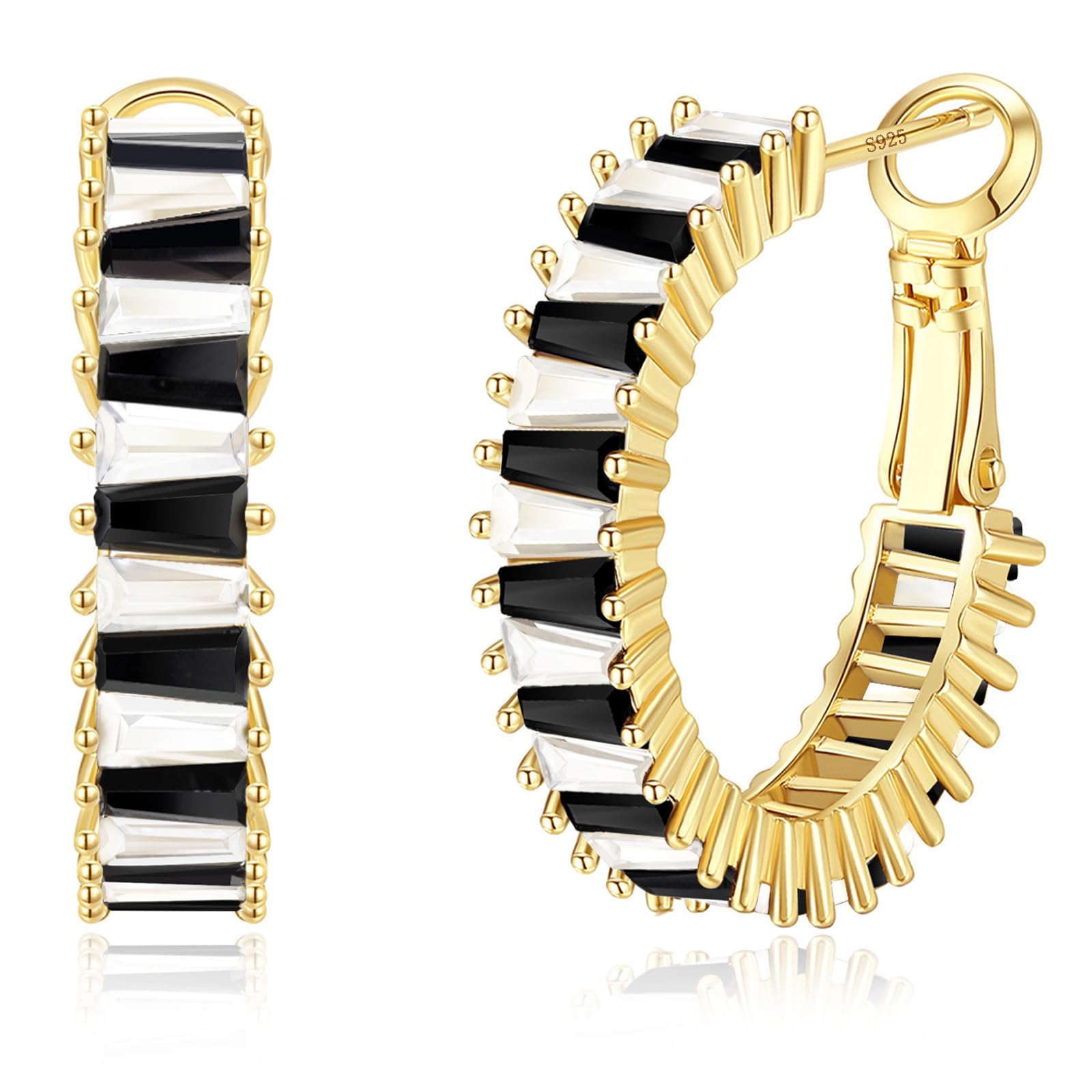 GLOQUAT Crystal White and Black Hoop Earrings 14K