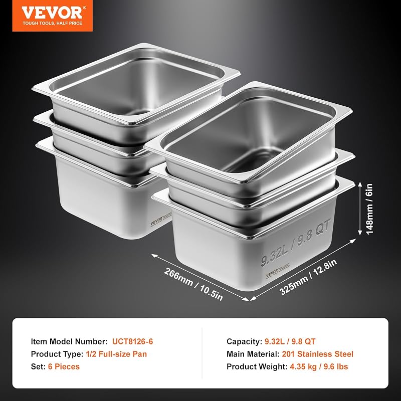 Pacote de 6 panelas de hotel a vapor anti-compotação de tamanho 1/2, aço inoxidável de 0,8 mm de espessura, armazenamento de alimentos para catering, industrial e científico, 325 x 266 x 148 mm