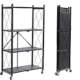 BRIAN & DANY 4-Tier Foldable Storage Shelves with Wheels, Folding Metal Rack Shelving Unit, Heavy Duty No Assembly Organizer Shelf for Garage, Kitchen, Basement, Pantry, Black