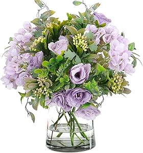 4 Bouquets Mini Artificial Peonies Flowers Silk Hydrangea with Fern Leaves Fake Plants for Table Centerpiece Flower Arrangements Wedding Decor (Purple)