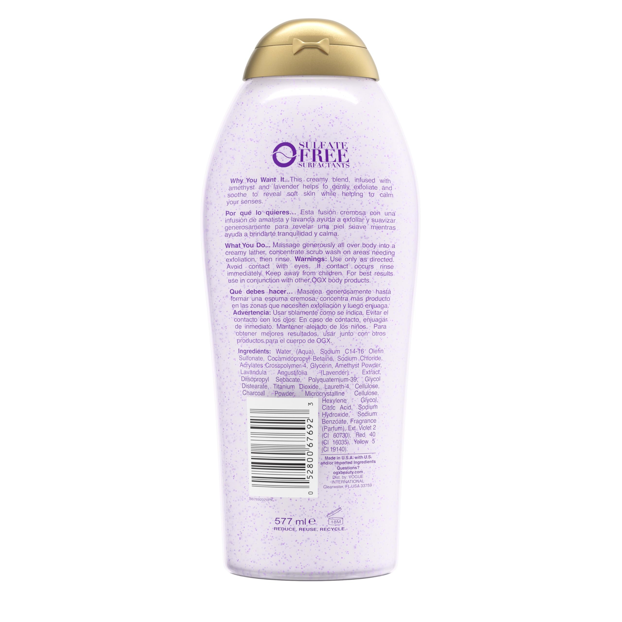 OGX Calming + Amethyst & Lavender Body Scrub & Wash, Gently Exfoliating, 19.5 fl oz