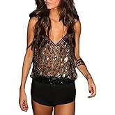 Women Y2k Sparkly Tops Sleeveless V Neck Semi See Through Sequin Tank Tops Party Beaded Rave Top
