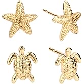 2 Pairs Gold Beach Earrings for Women, Golden Starfish Turtle Earrings Set Dainty Stylish Sea Beach Jewelry Summer Ocean Accessories for Women