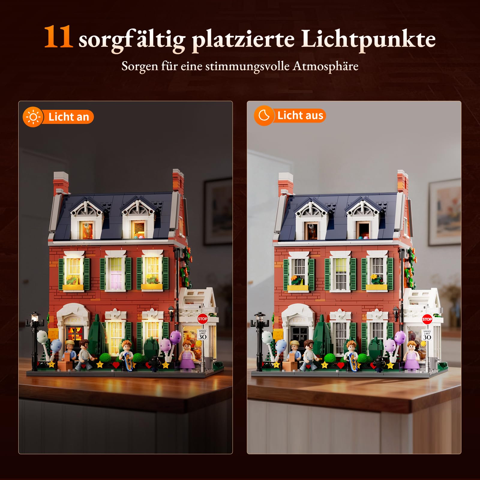 Lumibricks Rote Backstein-Reihenhaus Klemmbausteine mit Licht, Modular Building mit Geburtstags- und Weihnachtsszenen, 2663PCS-Geschenk für Baustein-Fans 5