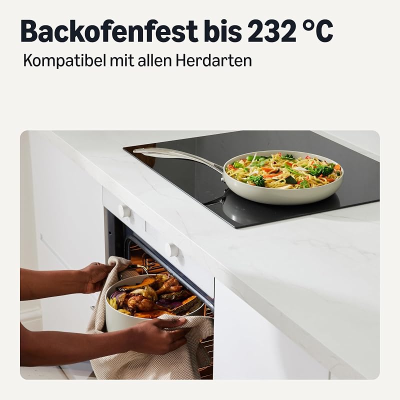 Antihaft-Keramikkochgeschirr, 8-Teiliges Topf- und Pfannenset, Spülmaschinen- und Ofenfest, Für alle Herdarten geeignet, Leinengrau