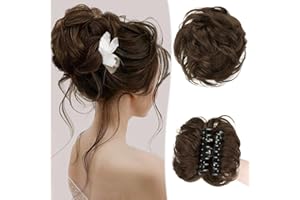 RUWISS Claw Clip Messy Bun Hair Piece Real Human Hair Buns Wavy Curly Chignon Hair Bun Extensions Tousled Updo Hair Buns Claw Clip Ponytail Hairpieces Hair Scrunchie with Clip for Women（Medium Brown）