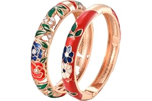 UJOY Vintage Jewelry Cloisonne Handcrafted Flower Enameled Gorgeous Rhinestone Hinged Cuff Bracelet Bangles Gifts 88A10