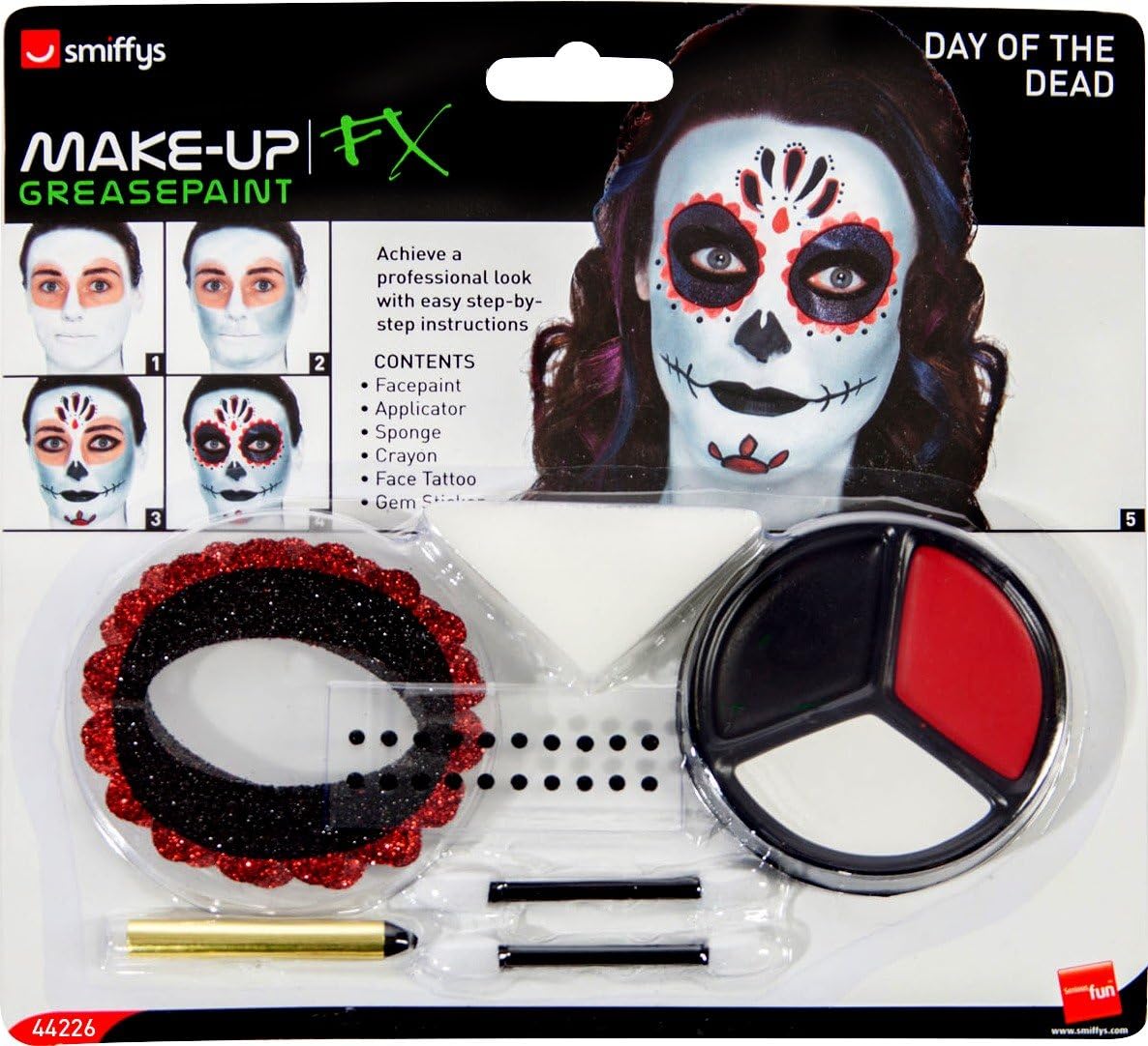Smiffy's Smiffys-44226 Kit de Maquillaje para el día de los Muertos, con Pinturas para la Cara, Tatuaje,, Applicable 44226