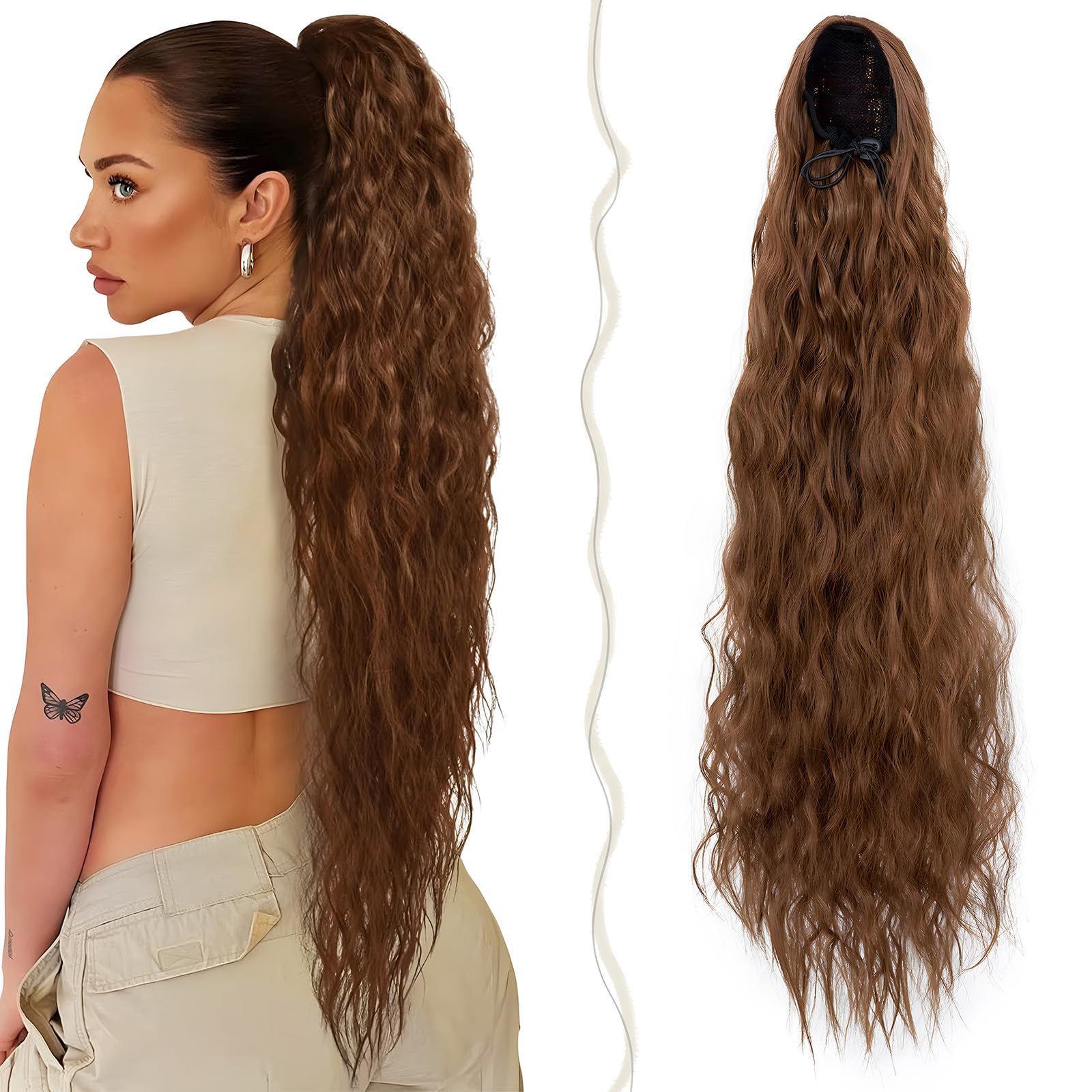 TESS 32 Inches Drawstring Ponytail Extension, Corn Curl Hair Pieces for Women, 155g Curly Ponytail Extension， Light Auburn — image 1