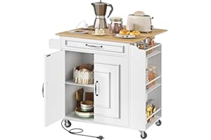 RALGEND Kitchen Island with Power Outlets & Drop Leaf, Rolling Kitchen Cart on Wheels, Kitchen Storage Island with Spice Rack and Drawer, Mobile Island Table for Kitchen, Dinning, White and Natural