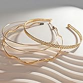 FANSSYA 3-Piece Metal Headband Set for Women | Minimalist Double-Band, Sparkling Woven Mesh & Elegant Wave Designs in Gold | Lightweight Aluminum Alloy Hair Accessories