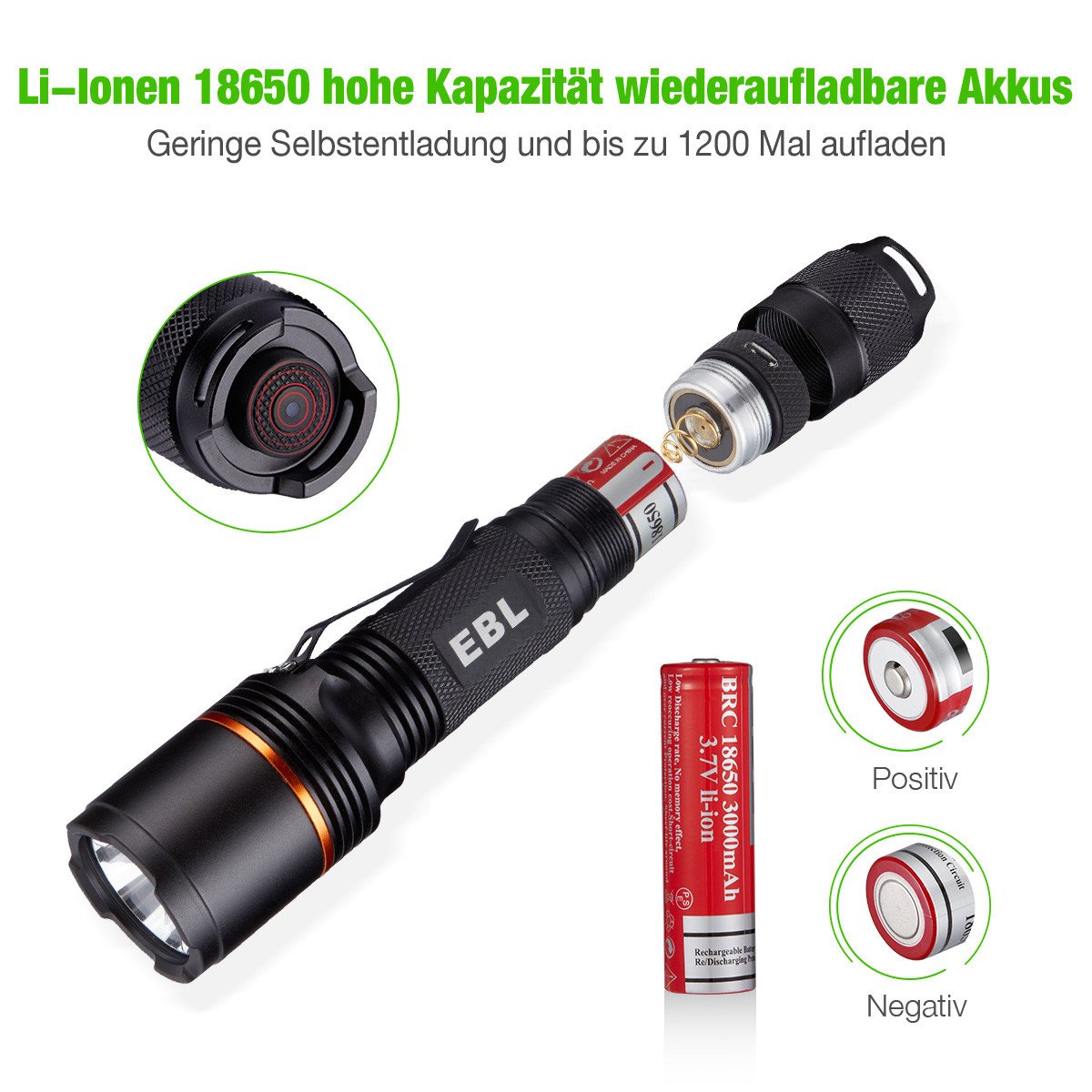 EBL Superhell CREE LED Taschenlampe 6 Modi Erstellbar USB Ladebar Wasserdicht Taschenlampe für Indoor Outdoor inkl. 2 Stück 3000mAh Wiederaufladbar Li-ionen Akku 18650