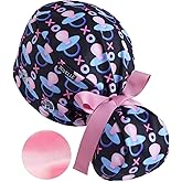 Scrub Caps Women Satin Lined Ponytail, Pacifier Love Black Adjustable Scrub Hats Women with Buttons and Sweatbands, Practical Ponytail Holder Design with Bow Ribbon Soft Smooth