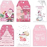 JSDJ 60 PCS Pink Christmas Paper Gift Tags Cute Christmas Tags with Hemp Rope Hanging Labels Gift for Winter Xmas Holiday Party DIY Presents Package Prnament Kits