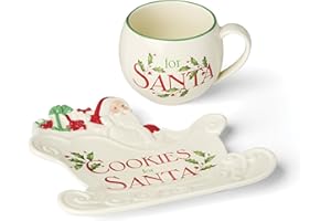 Lenox Serveware, Holiday Cookies & Milk for Santa 2-Piece Set, Service for 1, 11 Oz Cup, Porcelain, Dishwasher Safe, Christmas Cookie Plate & Coffee Mug, Christmas Decor, Santa Sleigh Design (2 Piece)