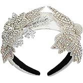 Florate White Crystal Flower Headband for Women Pearl Bead Tassel Luxury Rhinestone Elegant Floral Hairband Hair Accessories (H1116-white)