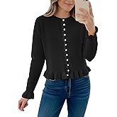 Alljoin Womens Ruffle Cardigan Sweaters Cute Cropped Button Down Knit Top Long Sleeve Crew Neck Fall Casual Outfits