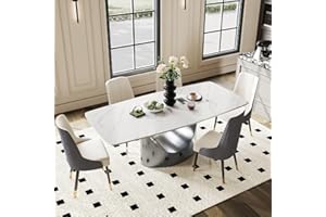 POVISON 71'' Dining Table for 6-8 – Rectangular Sintered Stone Tabletop in White Marble Finish with Dark Grey Carbon Steel Pe