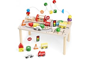 Busy edition Activity Table for 1 Year Old, 8 in 1 Wooden Montessori Learning Table with Shape Sorter, Cars, Sensory Development Bead Maze Toy for Toddlers 1-3 Birthday Gift