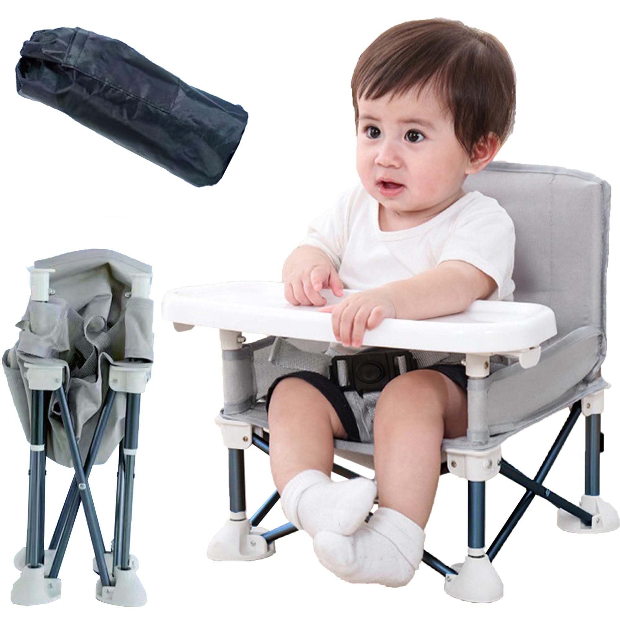 JIAMAIN High Chair, Baby High Chairs, Foldable Toddler Dining Chair with Adjustable Strap and Removable Tray, Portable Baby Feeding Seat (Grey)