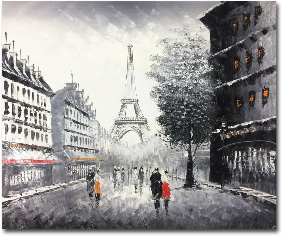 Paintings - Muzagroo Art Hand Painted Paris Oil Painting Eiffel Tower Black Wall Art for Living Room Stretched Ready to Hang (Black)