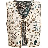 SweatyRocks Women's Floral Embroidered Tie Front Crop Vest Tops Boho Country Concert Cowgirl Western Outfits